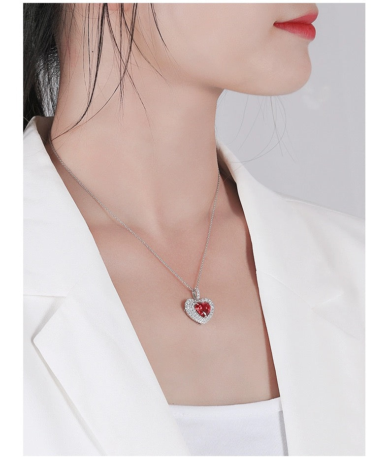 S925 Silver High Carbon Lab Created Diamond Red Corundum Necklace