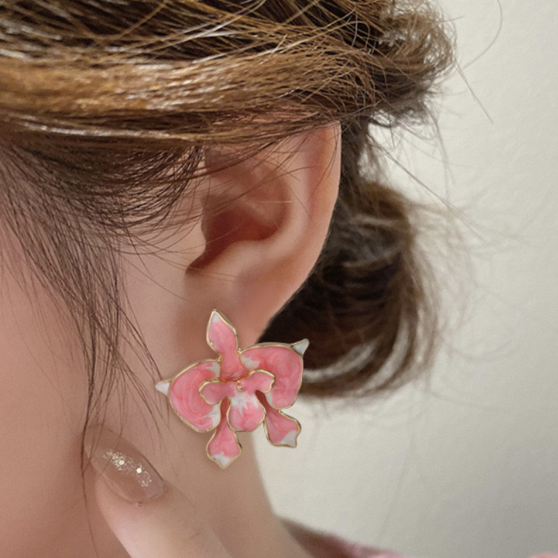 Pink Flower Earrings In Enamel Glaze