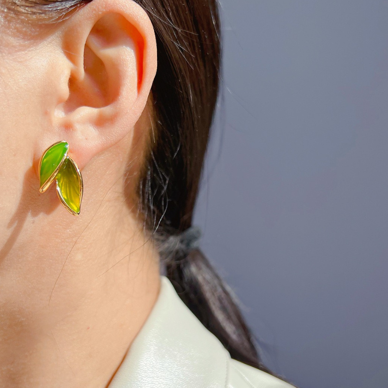 Green Leaf Enamel Earrings