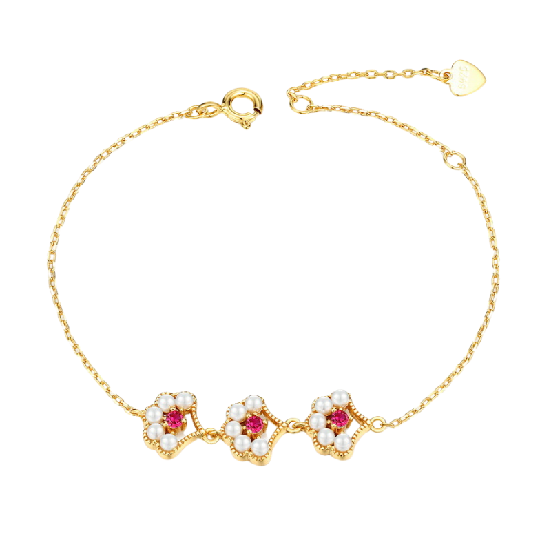 S925 Silver Gold Plated Red Corundum Pearl Bracelet