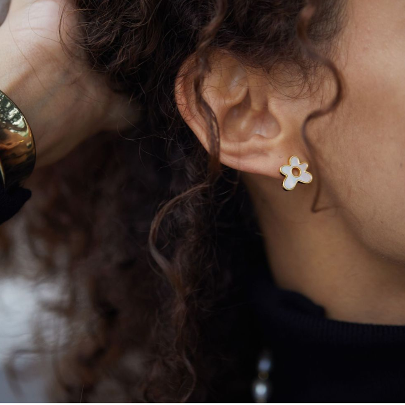 S925 Sterling Silver Plated Gold Flower Shell Earrings