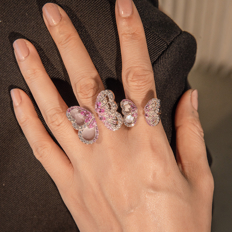 S925 Sterling Silver Red Corundum Shell Butterfly Adjutable Ring