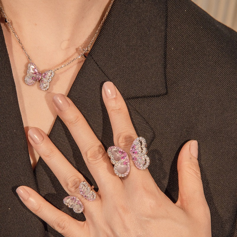 S925 Sterling Silver Red Corundum Shell Butterfly Necklace