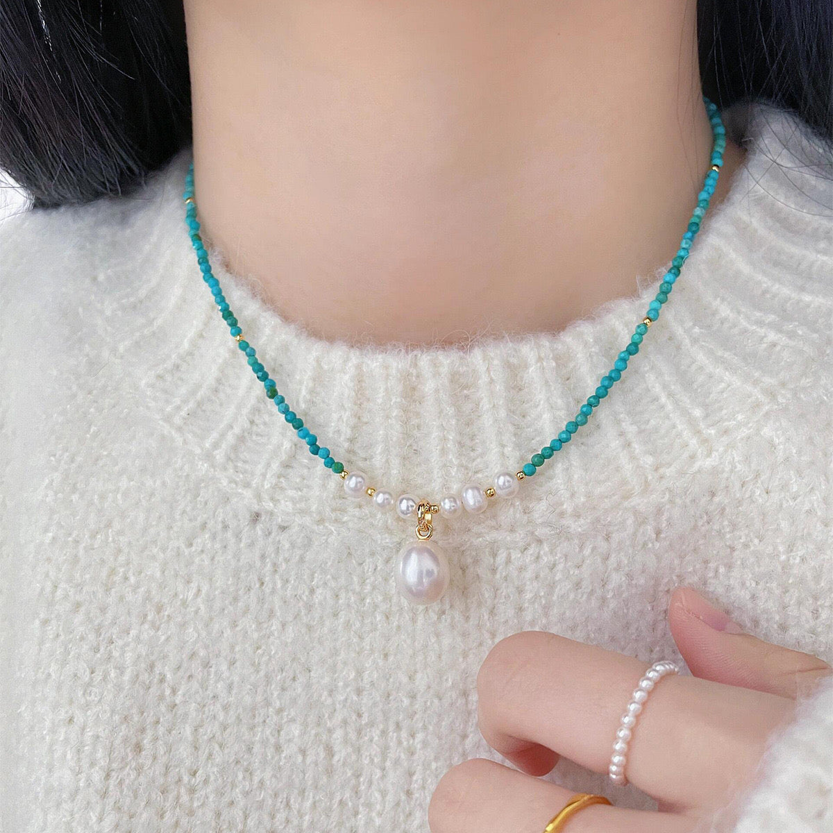S925 Sterling Silver Turquoise Pearl Necklace
