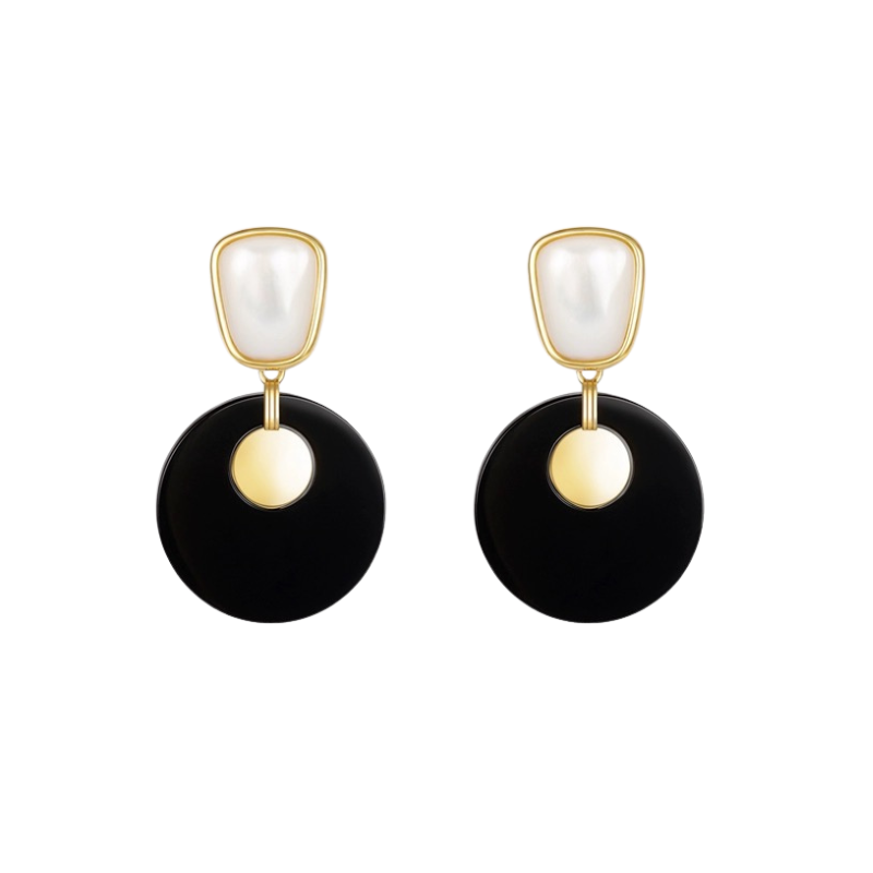 Black Agate White Shell S925 Gold Plated Earrings