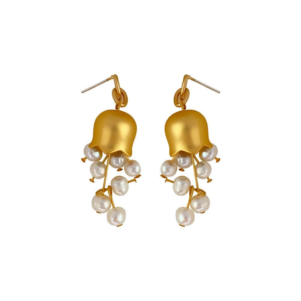 Gold plated brass S925 Silver needle bract pearl earrings