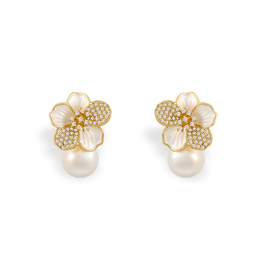 S925 Sterling Silver Needle Flower Artificial Pearl Earrings