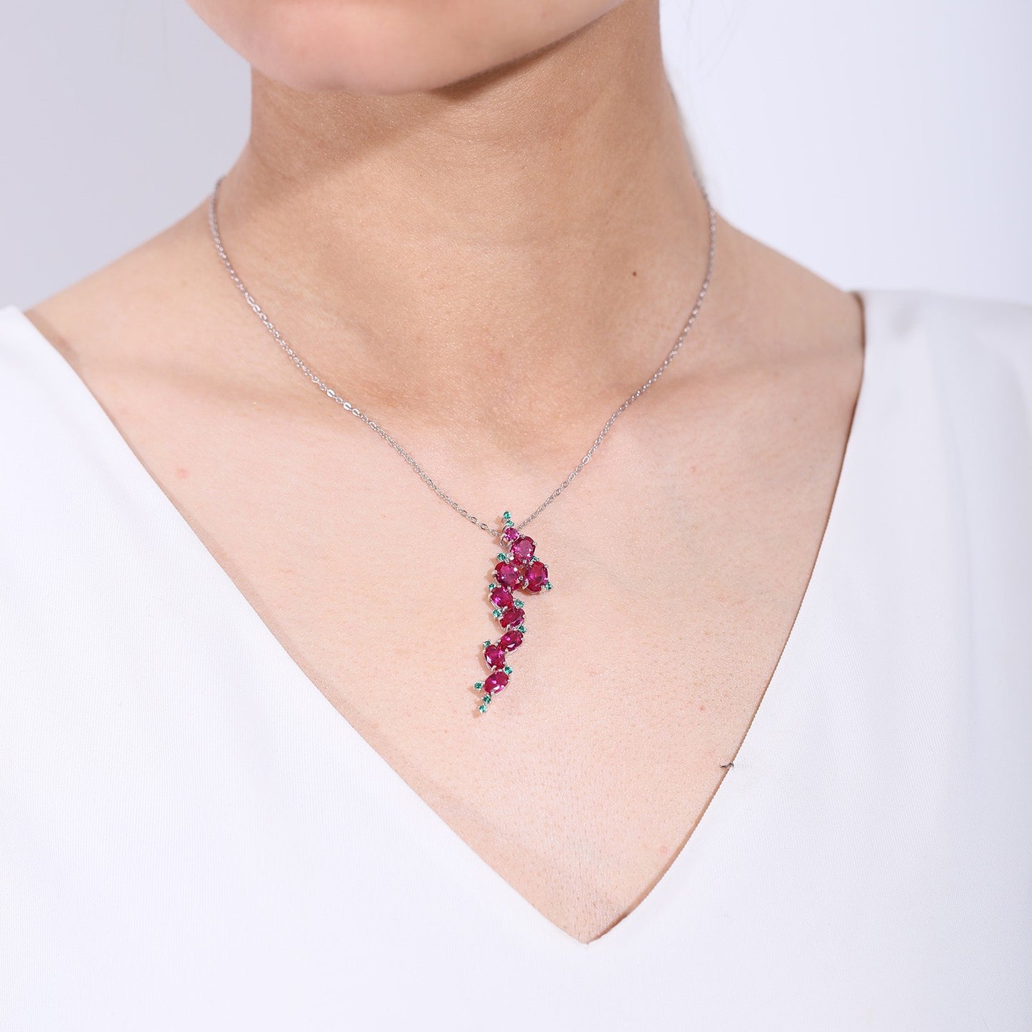 S925 Sterling Silver Lab Created Red Ruby Necklace