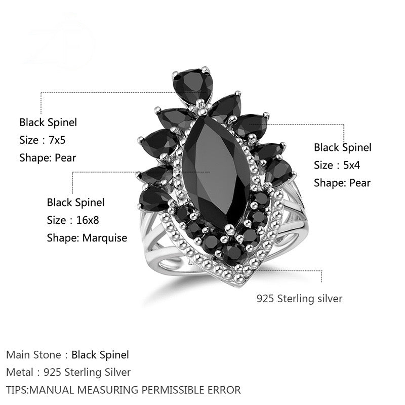 S925 Sterling Silver Black Spinel Ring