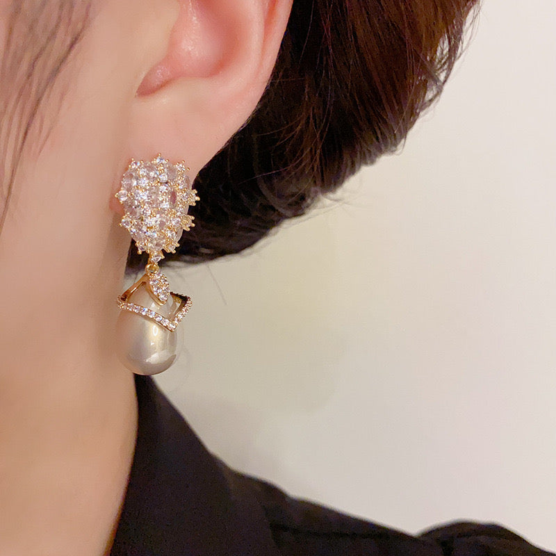 Copper Gold Plated Zircon Imitation Pearl Earrings