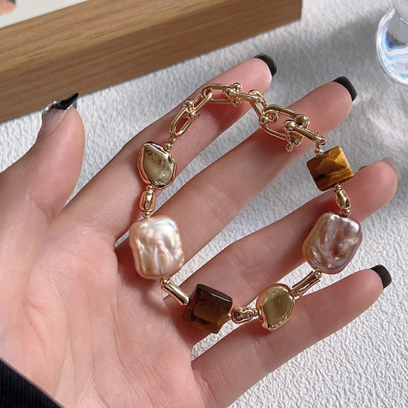 Baroque Pearl Tiger Eye Stone Bracelet