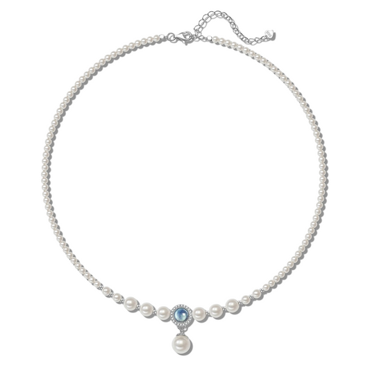 S925 Sterling Silver Artificial Aquamarine Pearl Necklace