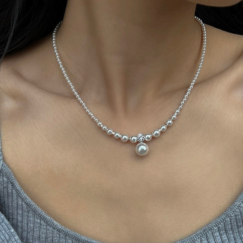 S925 Sterling Silver Highlighter Artificial Pearl Necklace