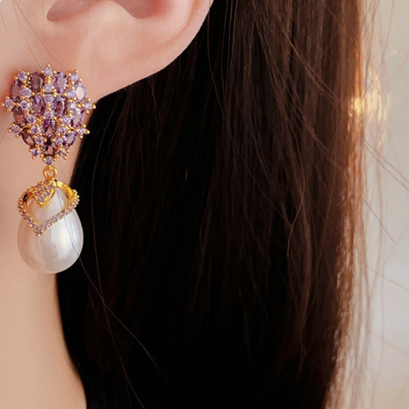 Copper Gold Plated Zircon Imitation Pearl Earrings