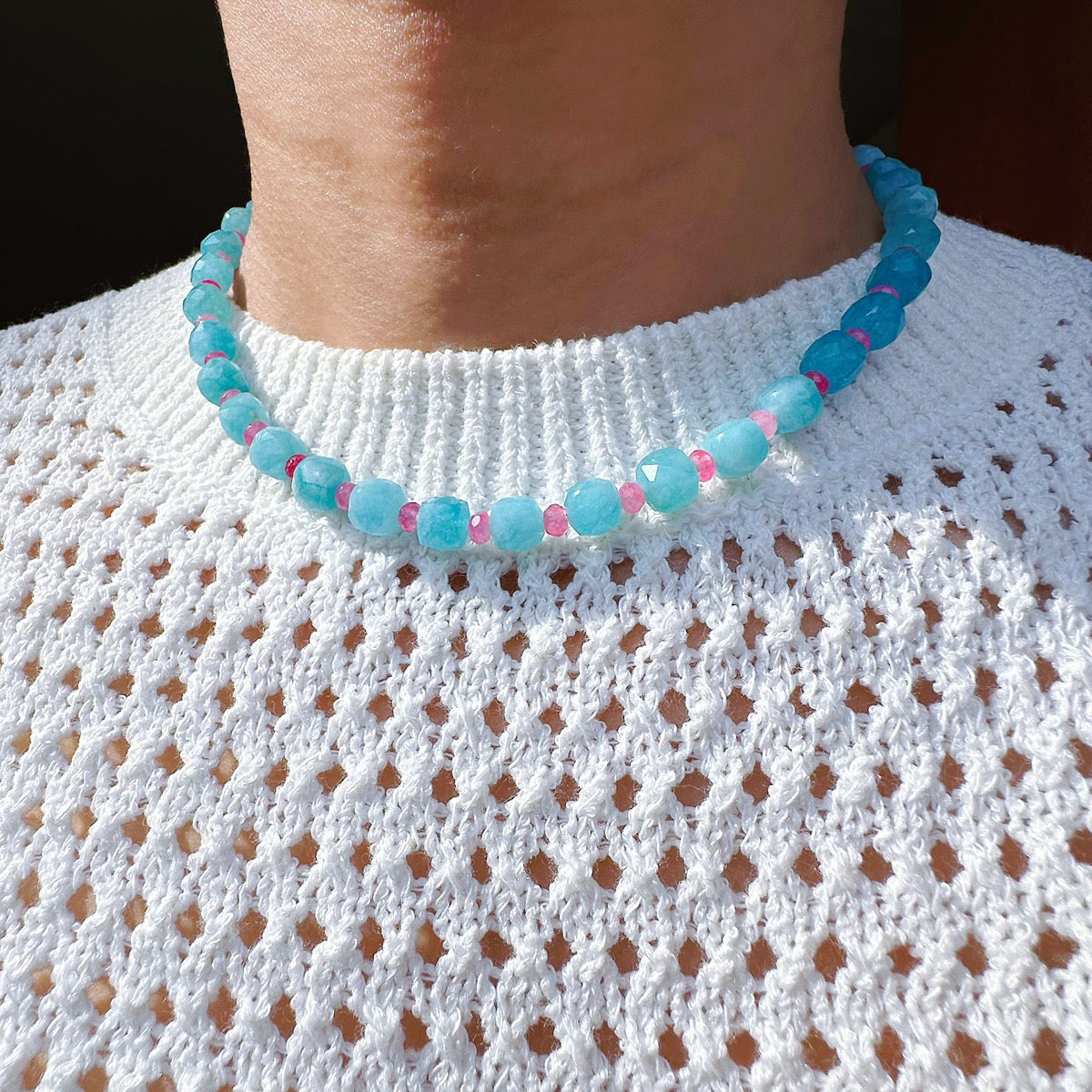 Blue & pink Opal Chalcedony Necklace