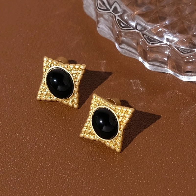 Copper Plated Gold Black Agate Earrings