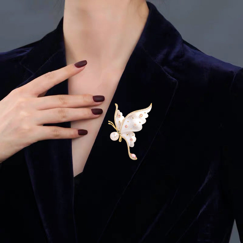 Enamel Butterfly Pearl Brooch