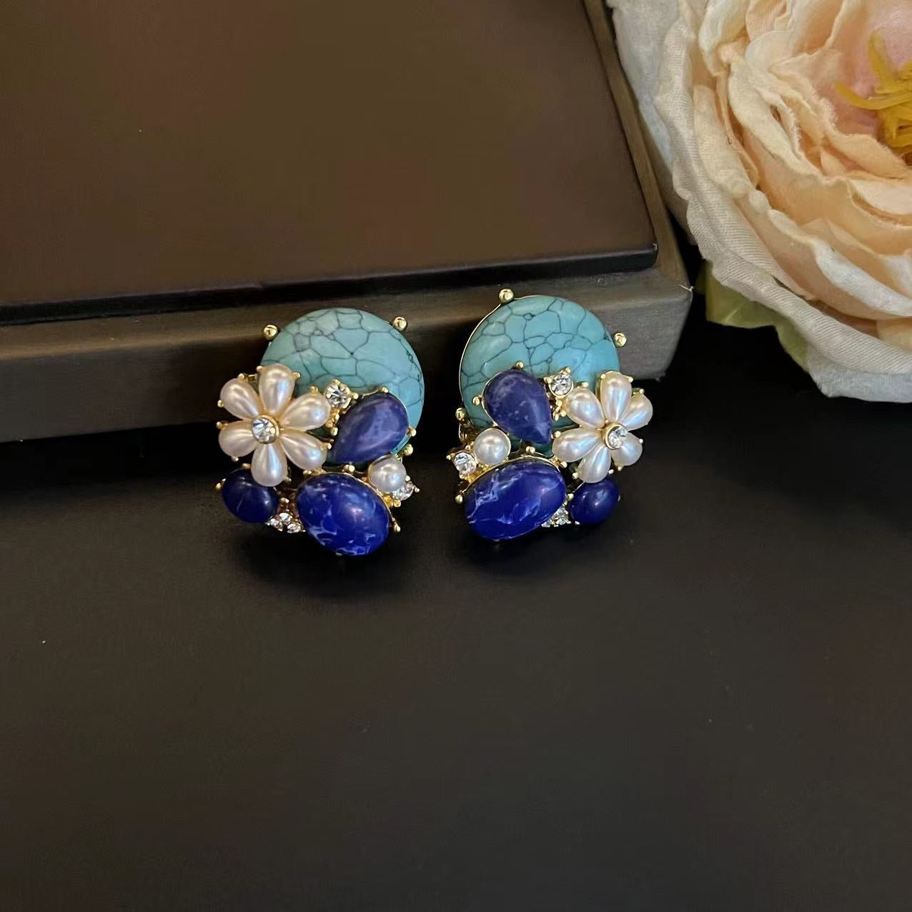 Pearl Camellia Lapis Lazuli Earrings