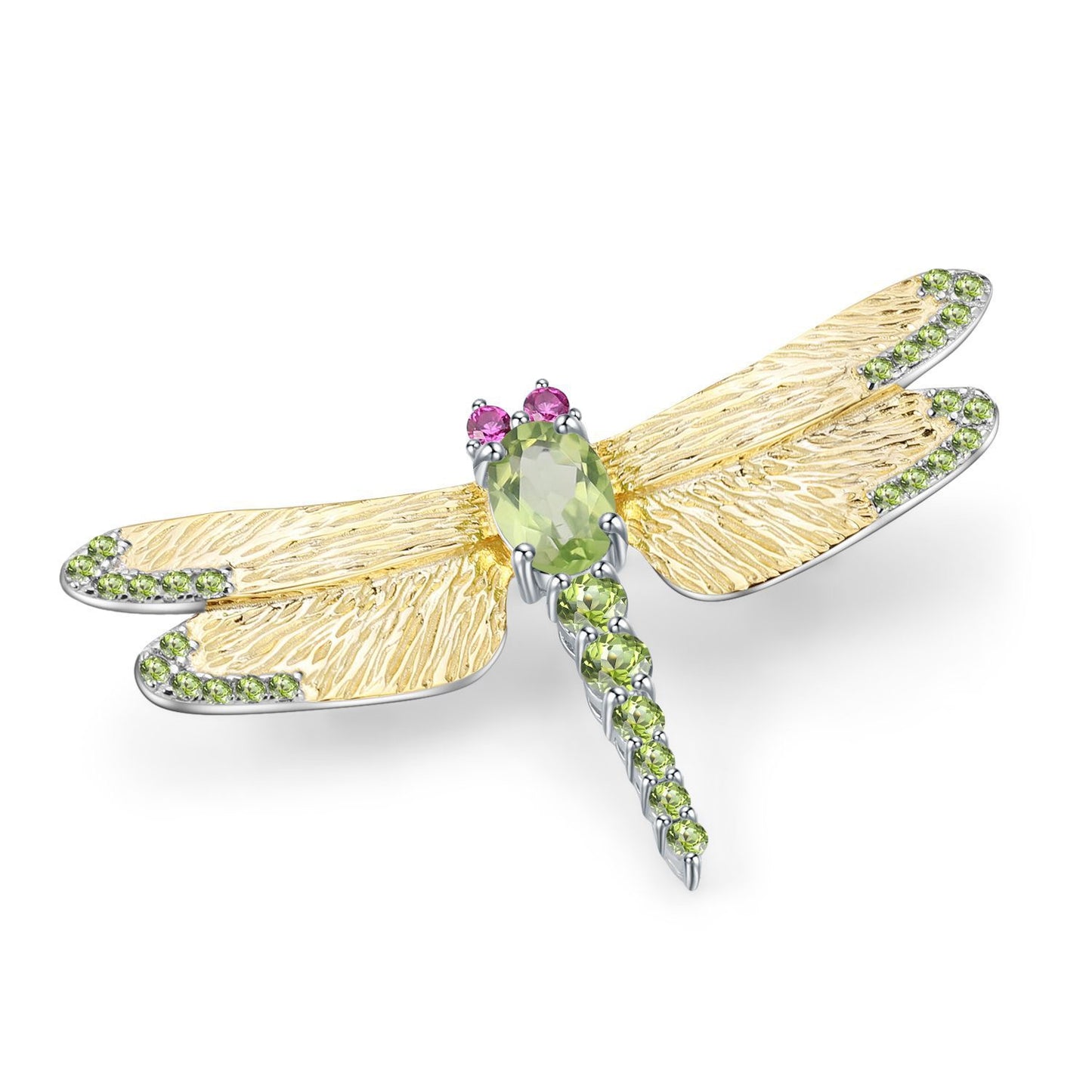 S925 Sterling Silver Gold Plated Olivine Dragonfly Brooch