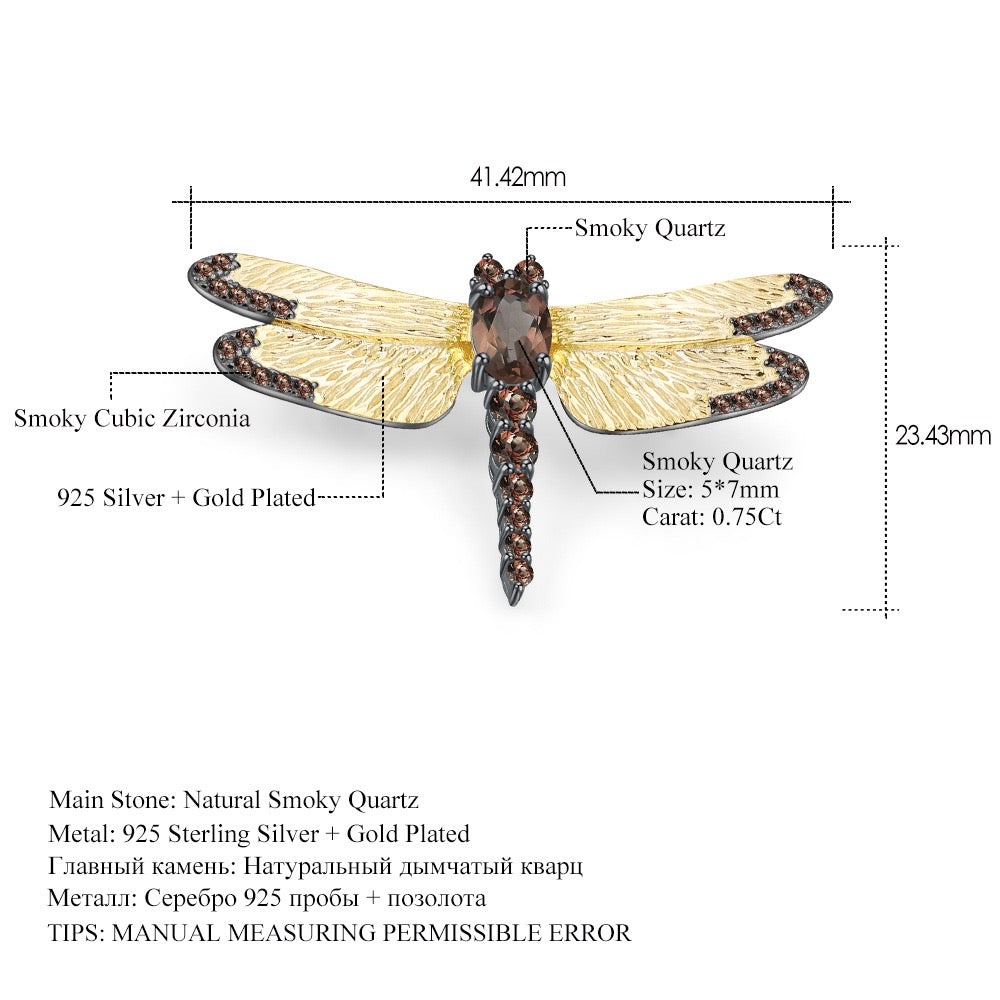 S925 Sterling Silver Gold Plated Olivine Dragonfly Brooch