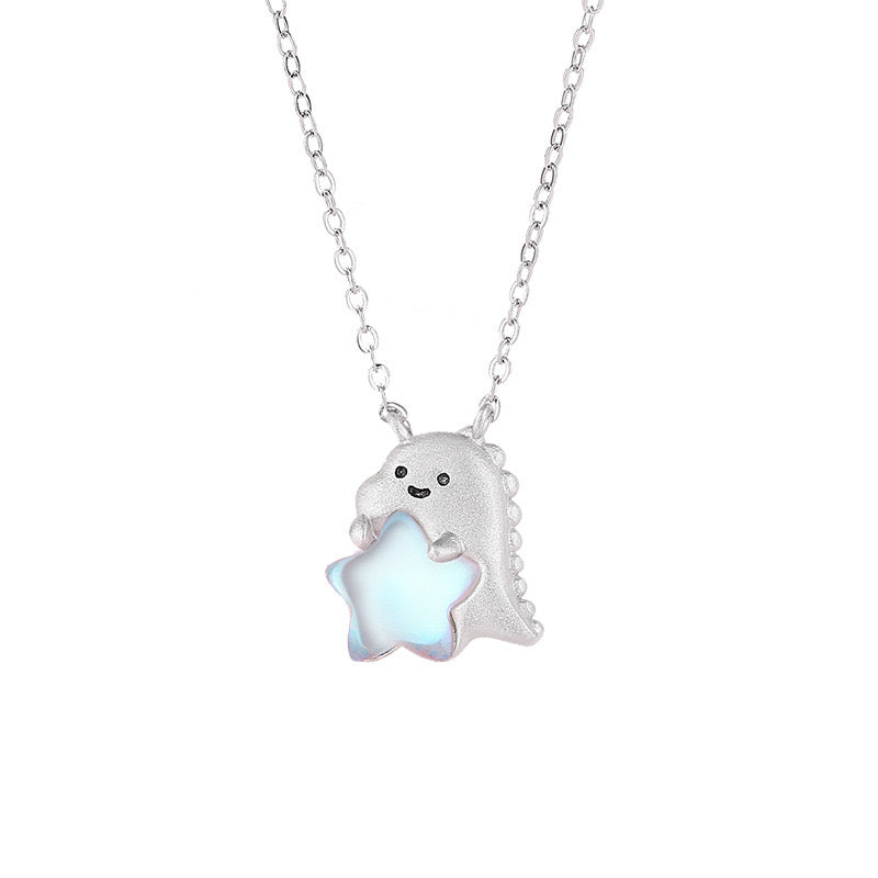 S925 Sterling Silver Little Dinosaur Moonstone Necklace