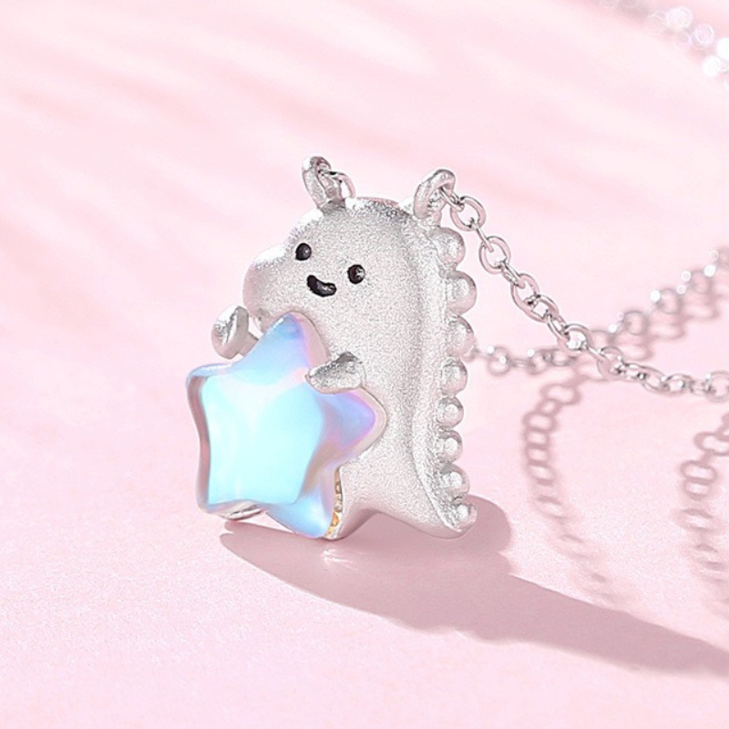 S925 Sterling Silver Little Dinosaur Moonstone Necklace