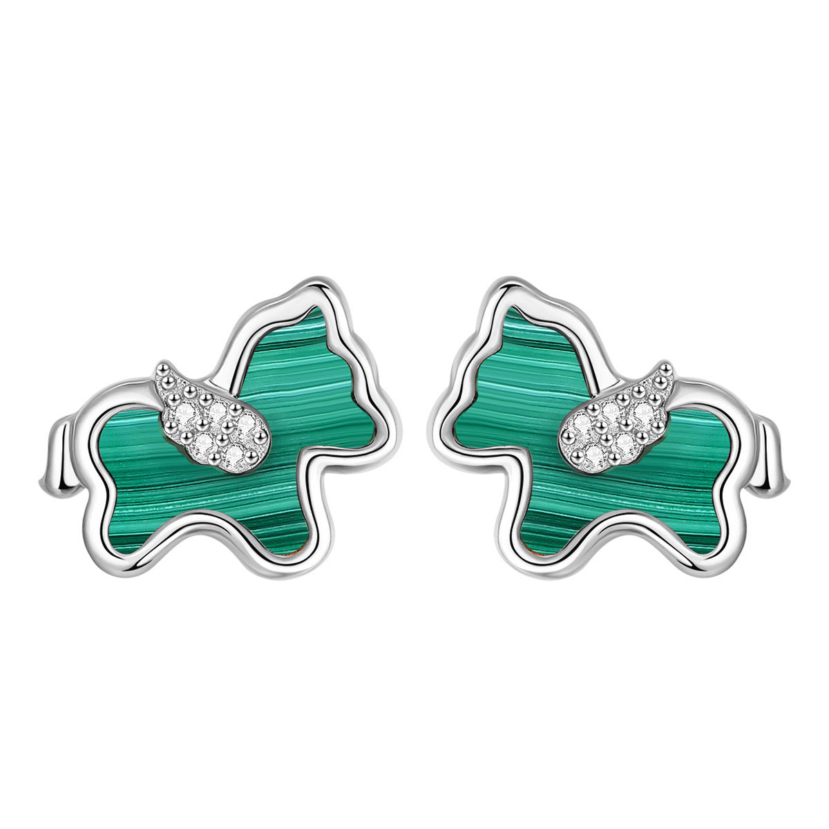 S925 Sterling Silver Malachite Horse Earrings