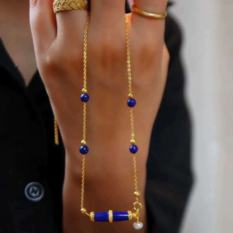 S925 Sterling Silver Plated 18K Gold Lapis Lazuli Necklace