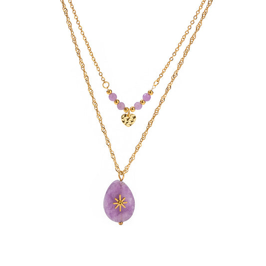 Stainless steel plated 18K gold purple crystal necklace